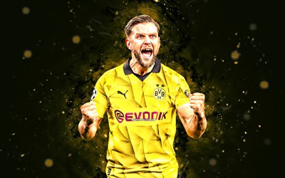 Niclas Fullkrug, 4k, yellow neon lights, Borussia Dortmund FC, german footballers, BVB, Niclas Fullkrug 4K, yellow abstract background, soccer, Bundesliga, football, Niclas Fullkrug BVB