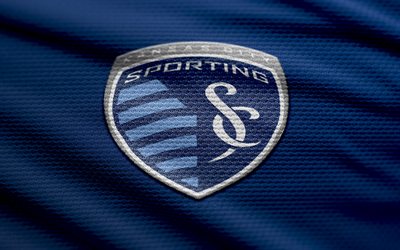 Sporting Kansas City fabric logo, 4k, blue fabric background, MLS, bokeh, soccer, Sporting Kansas City logo, football, Sporting Kansas City emblem, Sporting Kansas City, american soccer club, Sporting Kansas City FC