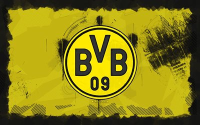 logotipo do borussia dortmund, 4k, bundesliga, fundo grunge amarelo, futebol, emblema do borussia dortmund, borussia dortmund, clube de futebol alemão, bvb, borussia dortmund fc