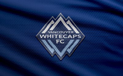 vancouver whitecaps logo fabric, 4k, sfondo in tessuto blu, mls, bokeh, calcio, logo vancouver whitecaps, emblema di vancouver whitecaps, vancouver whitecaps, club di calcio canadese, vancouver whitecaps fc