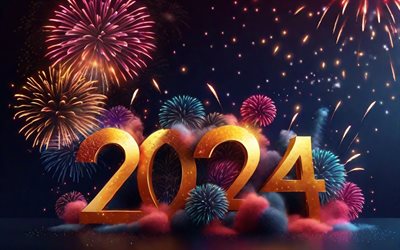 2024 nyår, fyrverkeri, 3d 2024 art, 2024 koncept, gott nytt år 2024, 3d  fyrverkerier