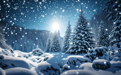 winter, forest, night, winter landscape, forest in winter, snow on fir trees, 3D winter forest, snowflakes, snowfall