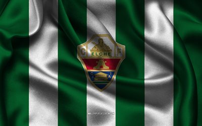 4k, Elche CF logo, green white silk fabric, Spanish football team, Elche CF emblem, Segunda Division, Elche CF, Spain, football, Elche CF flag, Elche FC