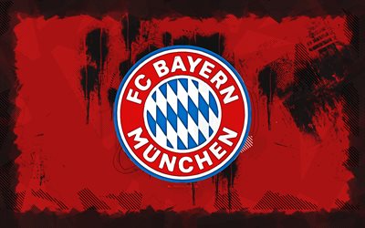 fc bayern münchen grunge  logo, 4k, bundesliga, punainen grunge  tausta, jalkapallo, fc bayern münchenin tunnus, fc bayern münchenin logo, fc bayern münchen, saksalainen jalkapalloseura, bayern münchen fc