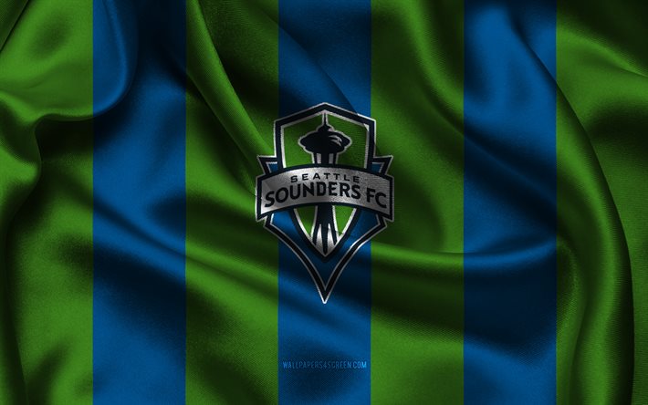 4k, logo dei seattle sounders fc, tessuto di seta verde blu, squadra di calcio americana, emblema del seattle sounders fc, mls, seattle sounders fc, stati uniti d'america, calcio, bandiera del seattle sounders fc