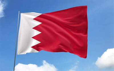 bahrainin lippu lipputankoon, 4k, aasian maat, sinitaivas, bahrainin lippu, aaltoilevat satiiniliput, bahrainin kansalliset symbolit, lipputanko lipuilla, bahrainin päivä, aasia, bahrain