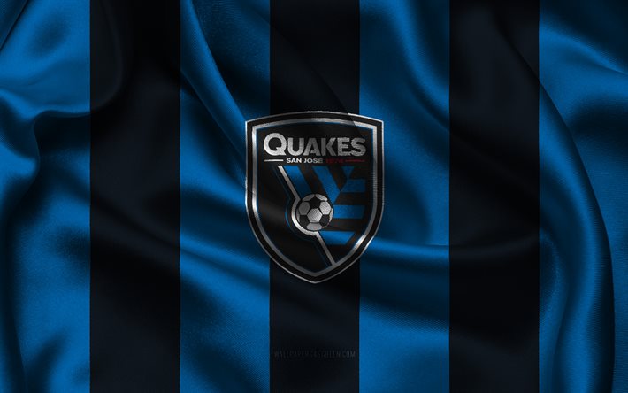 4k, San Jose Earthquakes logo, blue black silk fabric, American soccer team, San Jose Earthquakes emblem, MLS, San Jose Earthquakes, USA, soccer, football, San Jose Earthquakes flag