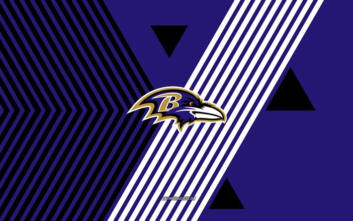 logo des ravens de baltimore, 4k, équipe de football américain, fond de lignes noires violettes, corbeaux de baltimore, nfl, etats unis, dessin au trait, emblème des ravens de baltimore, football américain