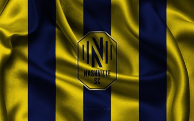 4k, Nashville SC logo, blue yellow silk fabric, American soccer team, Nashville SC emblem, MLS, Nashville SC, USA, soccer, football, Nashville SC flag