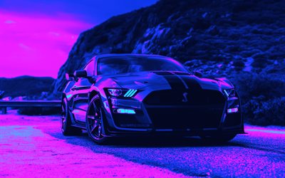 4k, Ford Mustang Shelby GT500, abstract cars, Cyberpunk, supercars, tuning, 2022 Ford Mustang, amarican cars, muscle cars, Ford Mustang Cyberpunk, Ford