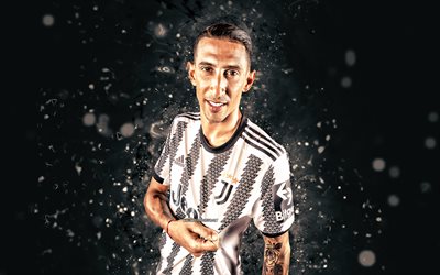 Angel Di Maria, 4k, white neon lights, Juventus FC, soccer, Serie A, Argentine footballers, Angel Di Maria 4K, black abstract background, football, Juve, Angel Di Maria Juventus FC