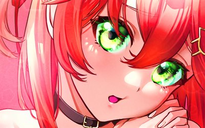 sakura miko, muotokuva, tyttö, jolla on vihreät silmät, virtuaalinen youtuber, hololive, vtuber, taideteos, manga, sakura miko kanava, sakura miko virtuaalinen youtuber