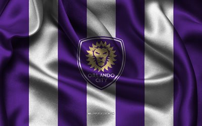 4k, logo orlando city sc, tissu de soie blanc violet, équipe de football américain, emblème d'orlando city sc, mls, orlando city sc, etats unis, football, drapeau de la ville d'orlando sc