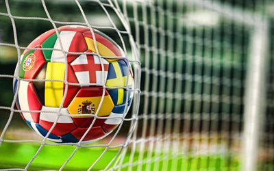 pallone da calcio con bandiere dei paesi del mondo, mondiali di calcio, palla in rete, obiettivo, bandiere del mondo, concetti di calcio, campionato nazionale