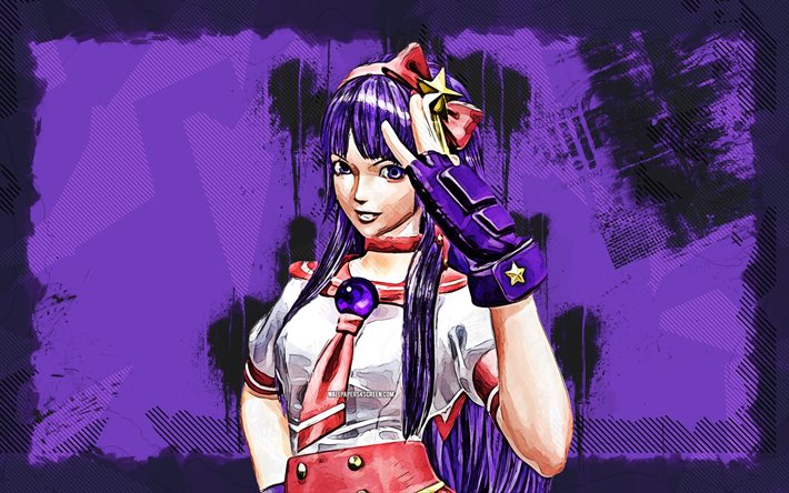 4k, Athena Asamiya, grunge art, SNK, artwork, manga, The King of Fighters characters, violet grunge background, Athena Asamiya SNK