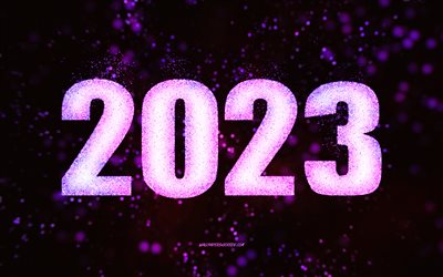 새해 복 많이 받으세요 2023, 보라색 반짝이 예술, 2023 보라색 반짝이 배경, 2023년 컨셉, 2023 새해 복 많이 받으세요, 검정색 배경