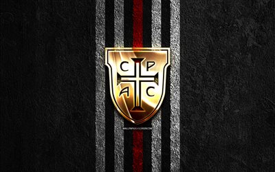 Casa Pia AC golden logo, 4k, black stone background, Primeira Liga, Portugalese football club, Casa Pia AC logo, soccer, Casa Pia AC emblem, Liga Portugal, Casa Pia FC, football, Casa Pia AC