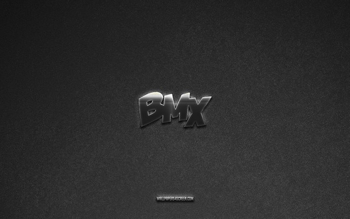 bmxのロゴ, ブランド, 灰色の石の背景, bmxのエンブレム, 人気のロゴ, bmx, メタルサイン, bmx メタルロゴ, 石のテクスチャ