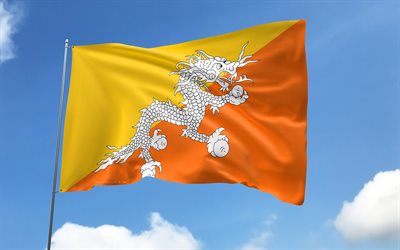 Bhutan flag on flagpole, 4K, Asian countries, blue sky, flag of Bhutan, wavy satin flags, Bhutan flag, Bhutan national symbols, flagpole with flags, Day of Bhutan, Asia, Bhutan