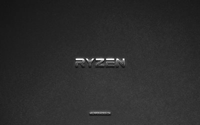 AMD Ryzen logo, brands, gray stone background, AMD Ryzen emblem, popular logos, AMD Ryzen, metal signs, AMD Ryzen metal logo, stone texture