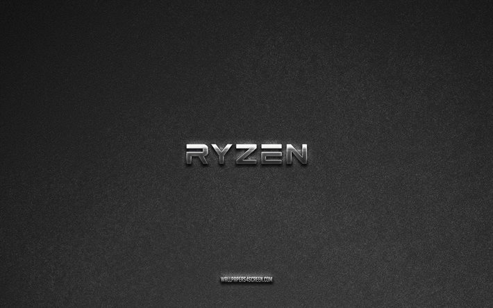 AMD Ryzen logo, brands, gray stone background, AMD Ryzen emblem, popular logos, AMD Ryzen, metal signs, AMD Ryzen metal logo, stone texture