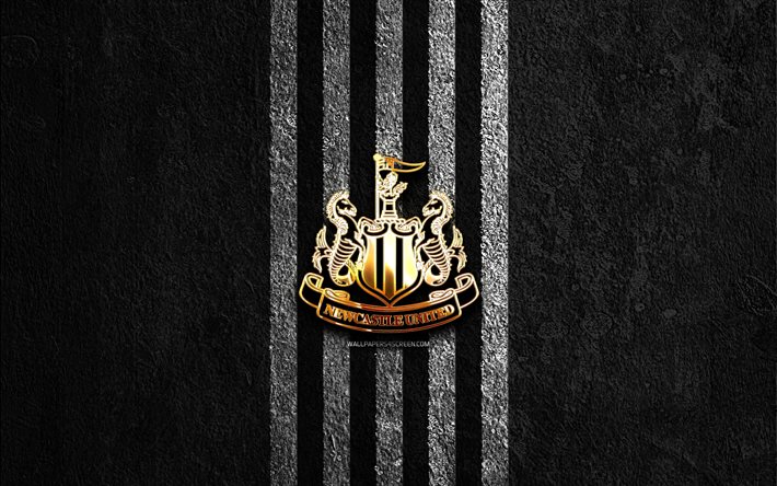 Newcastle United golden logo, 4k, black stone background, Premier League, english football club, Newcastle United logo, soccer, Newcastle United emblem, Newcastle United FC, football, Newcastle United