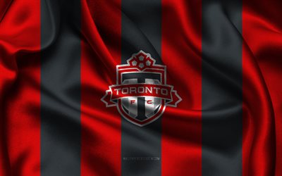 4k, logotipo de toronto fc, tela de seda negra roja, equipo de fútbol canadiense, emblema del toronto fc, mls, toronto fc, eeuu, fútbol, bandera toronto fc