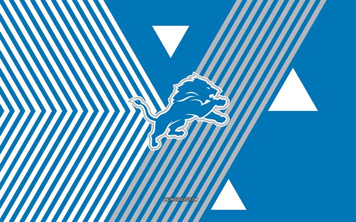 detroit lions  logo, 4k, amerikkalainen jalkapallojoukkue, taustalla sinisiä valkoisia viivoja, detroit lions, nfl, usa, viivapiirros, detroit lions  tunnus, amerikkalainen jalkapallo