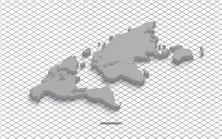 3 d アイソ メトリック世界地図, 4k, 白色の背景, 世界地図, 3d アート, 世界地図のシルエット, 大陸, 3d 世界地図