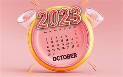 تقويم أكتوبر 2023, 4k, خلفيات وردية, تقويمات الخريف, 2023 أكتوبر التقويم, 2023 مفاهيم, ساعة الوردي 3d, تقويمات 2023, اكتوبر