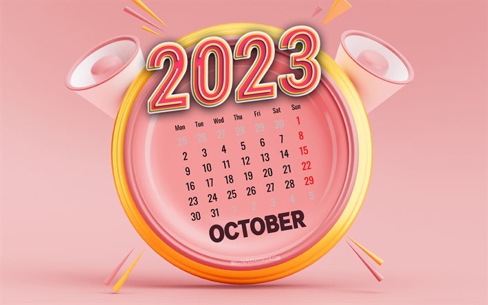 lokakuun 2023 kalenteri, 4k, vaaleanpunaiset taustat, syksyn kalentereita, 2023 lokakuun kalenteri, 2023 konseptit, vaaleanpunainen 3d kello, 2023 kalenterit, lokakuu