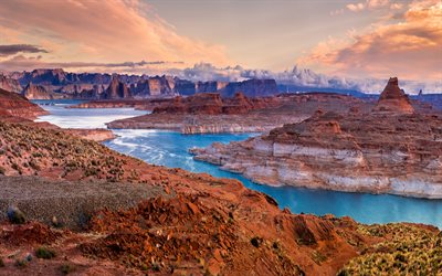 Glen Canyon, Colorado River, evening, sunset, orange rocks, river, canyon, blue river, Utah, USA