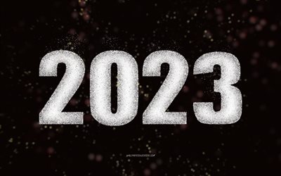 bonne année 2023, art de paillettes blanches, fond de paillettes blanches 2023, concepts 2023, fond noir
