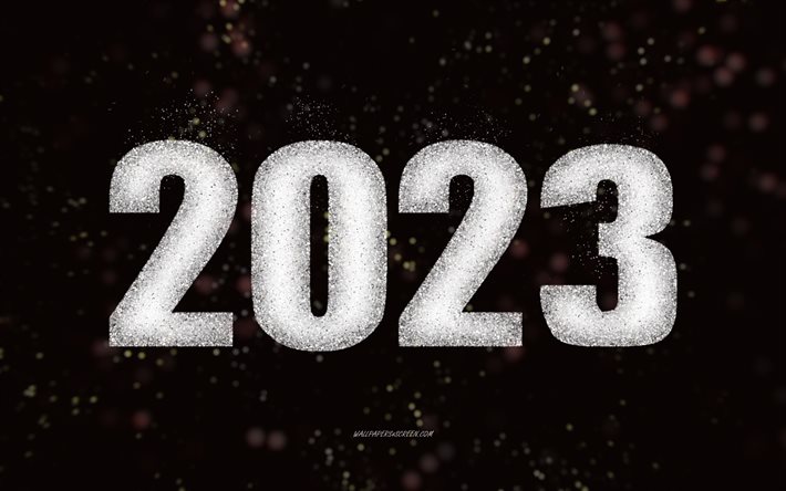 새해 복 많이 받으세요 2023, 흰색 반짝이 예술, 2023 흰색 반짝이 배경, 2023년 컨셉, 2023 새해 복 많이 받으세요, 검정색 배경