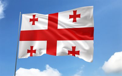 georgiens flagga på flaggstången, 4k, asiatiska länder, blå himmel, georgiens flagga, vågiga satinflaggor, georgisk flagga, georgiska nationella symboler, flaggstång med flaggor, georgiens dag, asien, georgien