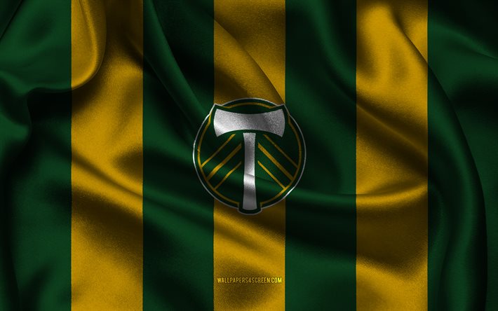 4k, portland timbersin logo, vihreä keltainen silkkikangas, amerikkalainen jalkapallojoukkue, portland timbersin tunnus, mls, portland timbers, usa, jalkapallo, portland timbersin lippu