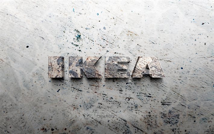 logo in pietra ikea, 4k, sfondo di pietra, marchio 3d dell'ikea, marche, creativo, marchio dell'ikea, arte del grunge, ikea