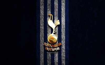 Tottenham Hotspur golden logo, 4k, blue stone background, Premier League, english football club, Tottenham Hotspur logo, soccer, Tottenham Hotspur emblem, Tottenham Hotspur FC, football, Tottenham Hotspur