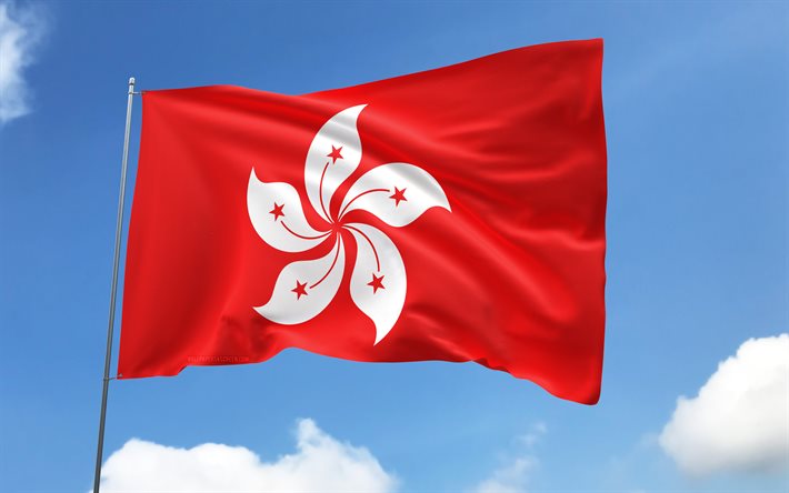 깃대에 홍콩 국기, 4k, 아시아 국가, 파란 하늘, 홍콩의 국기, 물결 모양의 새틴 플래그, 홍콩 국기, 홍콩 국가 상징, 깃발이 달린 깃대, 홍콩의 날, 아시아, 홍콩