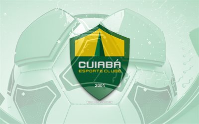 Cuiaba EC glossy logo, 4K, green football background, Brazilian Serie A, soccer, brazilian football club, Cuiaba EC 3D logo, Cuiaba EC emblem, Cuiaba FC, football, La Liga, sports logo, Cuiaba EC logo, Cuiaba EC