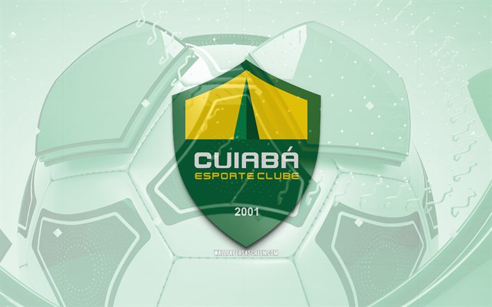 Cuiaba EC glossy logo, 4K, green football background, Brazilian Serie A, soccer, brazilian football club, Cuiaba EC 3D logo, Cuiaba EC emblem, Cuiaba FC, football, La Liga, sports logo, Cuiaba EC logo, Cuiaba EC