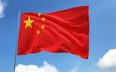 China flag on flagpole, 4K, Asian countries, blue sky, flag of China, wavy satin flags, Chinese flag, Chinese national symbols, flagpole with flags, Day of China, Asia, China flag, China