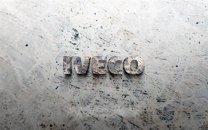 iveco 스톤 로고, 4k, 돌 배경, 이베코 3d 로고, 자동차 브랜드, 창의적인, 이베코 로고, 그런지 아트, 이베코