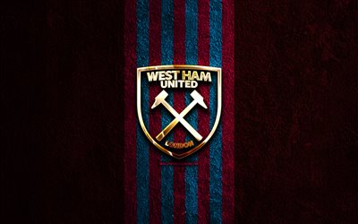 West Ham United golden logo, 4k, purple stone background, Premier League, english football club, West Ham United logo, soccer, West Ham United emblem, West Ham United FC, football, West Ham United