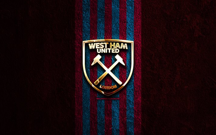 ウェストハム・ユナイテッドの金色のロゴ, 4k, 紫色の石の背景, プレミアリーグ, イングランドのサッカークラブ, ウェストハム・ユナイテッドのロゴ, サッカー, ウェストハム・ユナイテッドのエンブレム, ウェスト・ハム・ユナイテッドfc, フットボール, ウェストハム・ユナイテッド