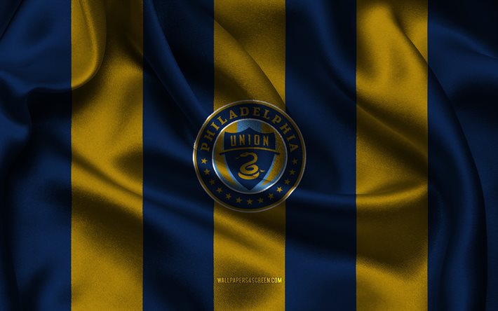 4k, logo da philadelphia union, tecido de seda azul dourado, time de futebol americano, emblema da união da filadélfia, mls, philadelphia union, eua, futebol, bandeira da união da filadélfia