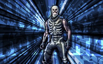 4k, Skull Trooper Fortnite, blue rays background, Skull Trooper Skin, abstract art, Fortnite Skull Trooper Skin, Fortnite characters, Skull Trooper, Fortnite, creative art