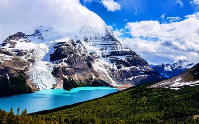 Berg Lake, 4k, summer vacation, mountains, glacier, clouds, British Columbia, Mount Robson Provincial Park, Canada, HDR, beautiful nature