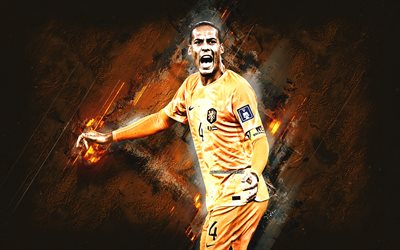 Virgil van Dijk, Netherlands national football team, Dutch football player, orange stone background, Qatar 2022, football, Netherlands