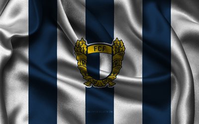 4k, fc famalicao logo, blau weißer seidenstoff, portugiesisches fußballmannschaft, fc famalicao emblem, primeeira liga, fc famalicao, portugal, fußball, fc famalicao flag